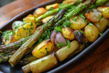 Roasted vegetables with asparagus, potatoes, and onions garnished with herbs
