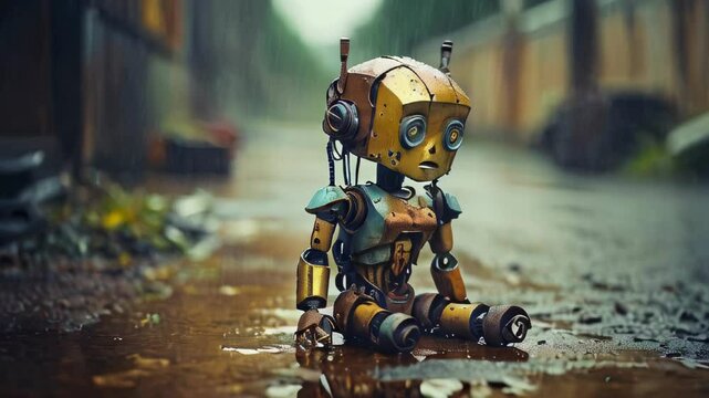 A small rusty robot sits dejectedly on a wet road surrounded by puddles The distressed expression highlights feelings of loneliness in a desolate urban environment on a gloomy day