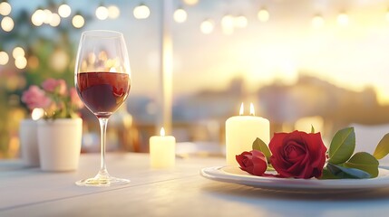 Romantic candlelit dinner setting in an elegant high end restaurant with a glass of red wine fresh red roses and a serene outdoor view at sunset  This image depicts a luxurious