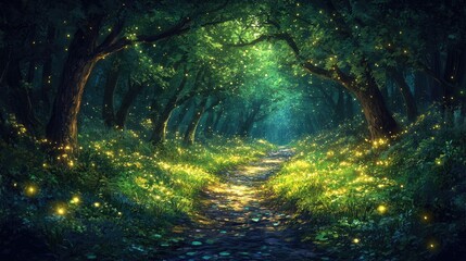 Fototapeta premium Magical Firefly Path, Enchanting Forest, Night, Fantasy Background, Game Design.