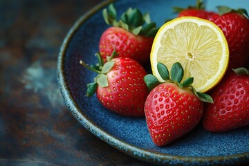 Fresh strawberries and lemon slice in blue ceramic bowl