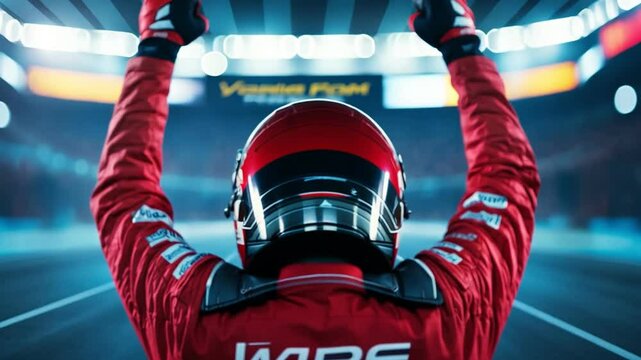 A victorious race car driver celebrates winning the championship with raised arms.