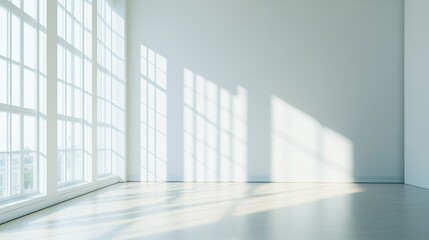 Fototapeta premium Bright and spacious interior showcasing large windows that let in natural light. The minimalist design creates a tranquil atmosphere, perfect for creating a serene environment.