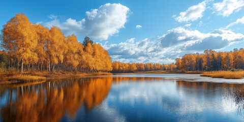 Obraz premium Autumn reflection in a serene lake vibrant forest landscape photography tranquil environment nature's beauty