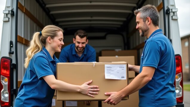 Dropshipping Freight marketplace reselling extra space dashpass products ParcelLab fba Airmee Nimble Robotics Delivery workers blue uniforms carrying cardboard box loading white van logistics transpo