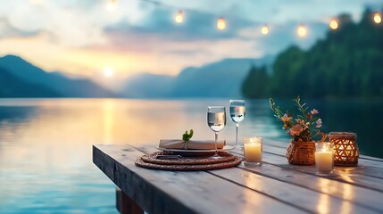 Romantic dinner set up on a wooden dock overlooking a calm lake with a serene reflection of the sunset sky  Candles wine glasses and a tranquil atmosphere create an intimate