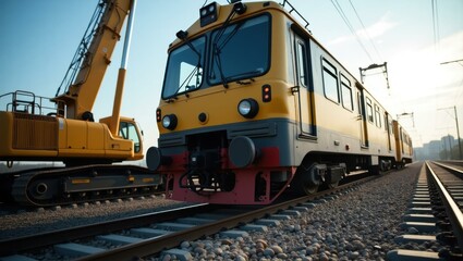 Yellow freight train locomotive on railway track transporting cargo, industrial logistics concept, construction site background, blue sky, day time, transportation and infrastructure theme