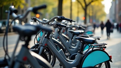 Black blue bicycles parked row urban cycling city lifestyle transportation commute autumn trees blurred background