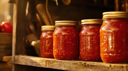 Freshly Canned Tomato Sauce in Rustic Jars