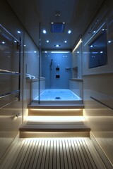 A bathroom with a shower and a tub. The tub is lit up and the shower is also lit up
