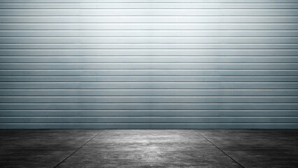 Gray wall with plastered concrete floor. Abstract pattern of a wall with horizontal ribbed lines