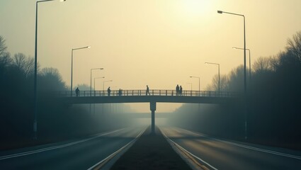 Pedestrian bridges spanning across roads silhouettes barely discernible in the thick air, Professional stock photo, AI generated photograph
