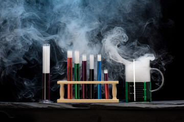 Chemistry glassware test tubes measuring jugs with colourful liquids and swirling smoke