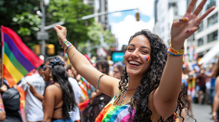 Fototapeta premium Multi-ethnic crowd participating in a city pride parade, with a woman waving a rainbow flag – celebrating diversity, inclusion, and LGBTQ+ pride.