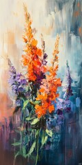 A stunning floral painting featuring vibrant orange and purple flowers against an abstract background, evoking warmth and brilliance in every detail.