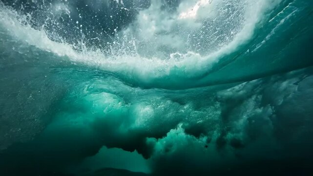 A powerful, gargantuan wave crashes down in the vast ocean beneath a sky filled with ominous clouds, Underwater view of a tempest thrashing the ocean surface