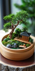 This captivating miniature zen garden features a delicate tree and a tiny house in a decorative bowl, embodying tranquility and artistic charm in any space.
