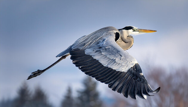 Close-up de una garza levantando el vuelo sobre un cielo gris de invierno