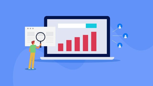 Website traffic increase graph, Online visitors' growth marketing SEO optimization with businessman character concept. Video animation.