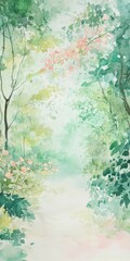 A peaceful watercolor scene depicting a forest pathway surrounded by lush greenery and soft pink blossoms, evoking tranquility and nature's beauty.