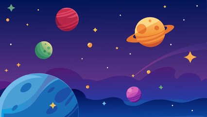 Colorful planets and stars floating in space with vibrant nebula background.
