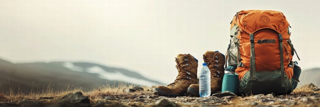 Essential backpacking gear for outdoor adventures in mountainous terrain. Generative AI