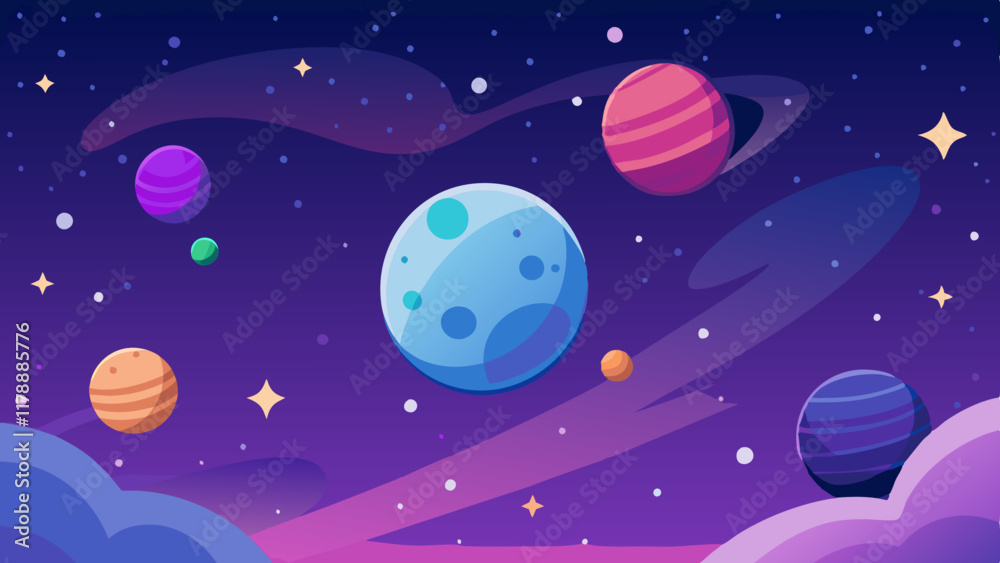 Wall mural nebula clouds with colorful planets and scattered stars in a vast space.