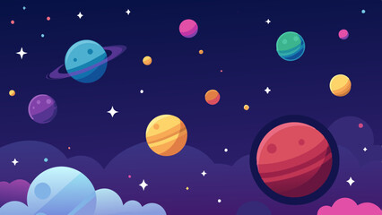Colorful space scene with planets, stars, and nebula clouds in cosmic background.

