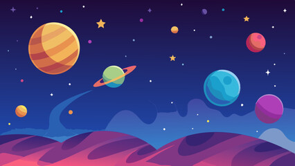 Galactic space illustration with vibrant planets and distant stars shining brightly.
