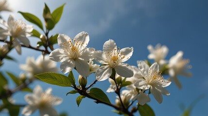 Fototapeta premium jasmine spring flowers,Delicate Jasmine Blooms Against a Soft Spring Sky