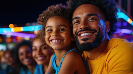 Fototapeta premium A joyful family portrait taken amidst colorful lights at a fair, showcasing their bright smiles and affectionate bond while creating lasting memories in a festive atmosphere.