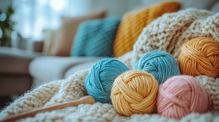 Colorful Yarn Balls on Cozy Blanket