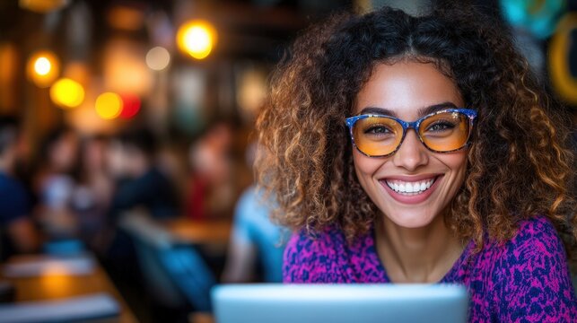 A smiling young woman at a café, wearing stylish glasses and a cozy patterned top, radiates joy while engaging with her environment, highlighting connection and warmth amidst a blurred crowd.