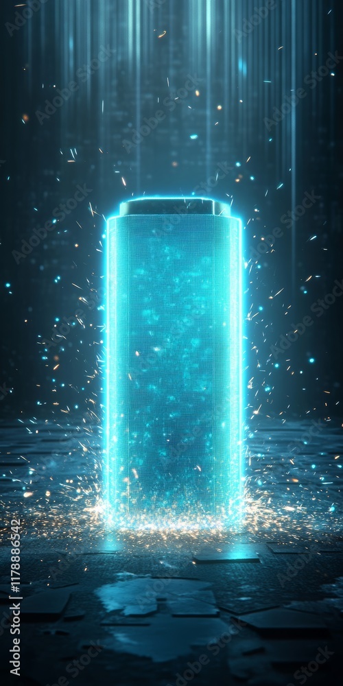Poster a blue object with a lot of sparkles on it. it is a cube. the cube is lit up and is surrounded by sp