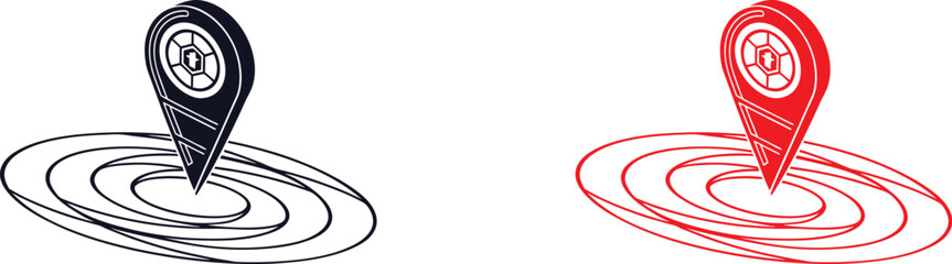 Obraz premium Location pin icons, map markers, concentric circles, target symbols, black and red color scheme, contrasting designs, minimalist illustration, graphic design elements, navigation symbols, destination 