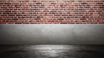 Red wall with plastered concrete floor. Abstract pattern of a brick and cement wall