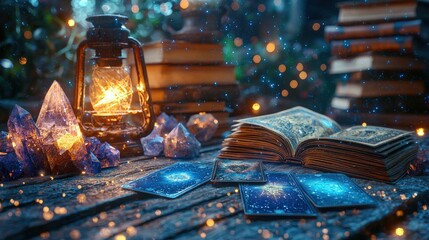 Mystical Scene with Lantern and Tarot Cards