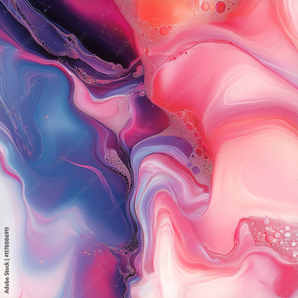 Poster abstract illustration with colorful undulating and swirling streams of pink, red and blue hues. abst