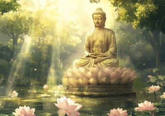 Buddha sitting on lotus flowers, meditating in the middle of nature with sunlight shining through the leaves
