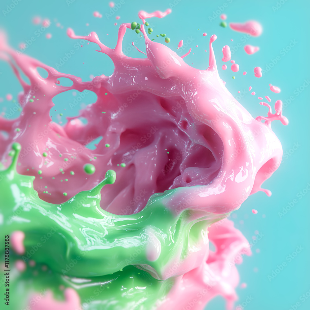 Poster A bright composition with smooth bursts of pink and green complemented by small drops and splashes. The light background enhances the illusion of lightness and movement