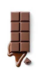 Obraz premium Pieces of melted chocolate bar with dripping drops isolated on white background