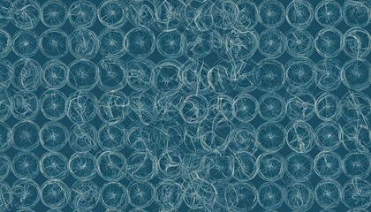 Abstract design with repeating bicycle wheel shapes, teal background.