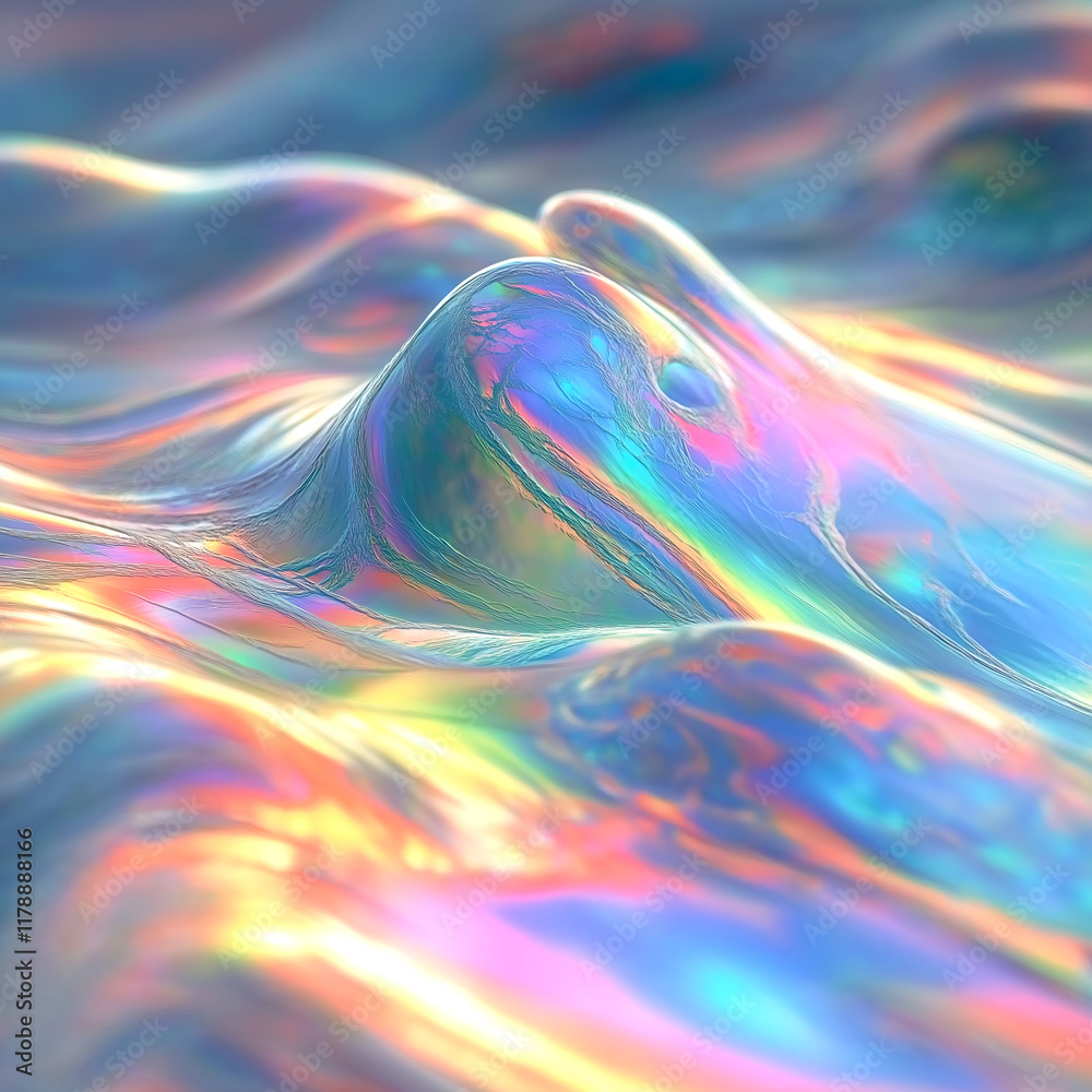 Aufkleber illustration with iridescent waves of liquid material where pink, blue and gold hues create a play o