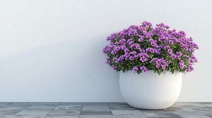 Fototapeta premium Purple azaleas in a white round pot against a white wall.