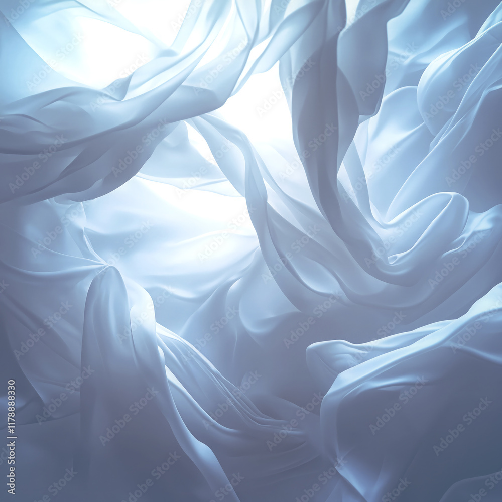 Poster Illustration with white translucent waves of fabric that gently intersect to create a complex pattern. The soft light filtering through the textures adds airiness and soft depth
