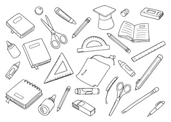 Vector outline sketches of stationery items including books, notes, rulers, pens, and pencils.	