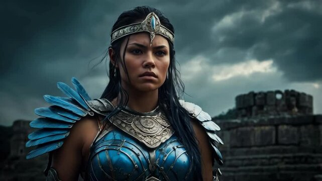 A powerful, mythical female warrior standing amidst ancient ruins