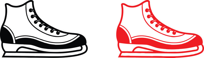 Ice skates, black and red, stylized illustration, minimalist design, graphic silhouettes, high contrast, sports equipment, winter sports, symmetrical composition, flat color, vector art style, iconic 