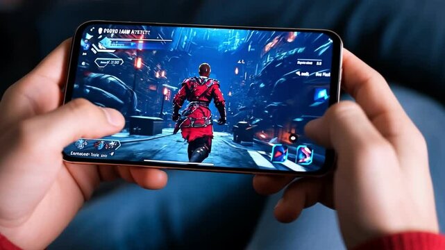 Person playing an action video game on a smartphone with intense graphics.