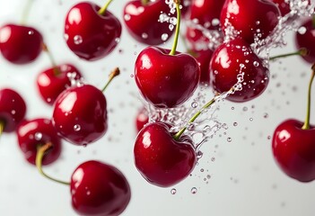 Red Cherries Splashing in Clear Water with a Fresh Perspective
